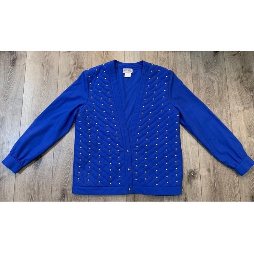 Three Flaggs California Vintage Chic Blue  Gold Studded Quilted Rocker Jacket-L
